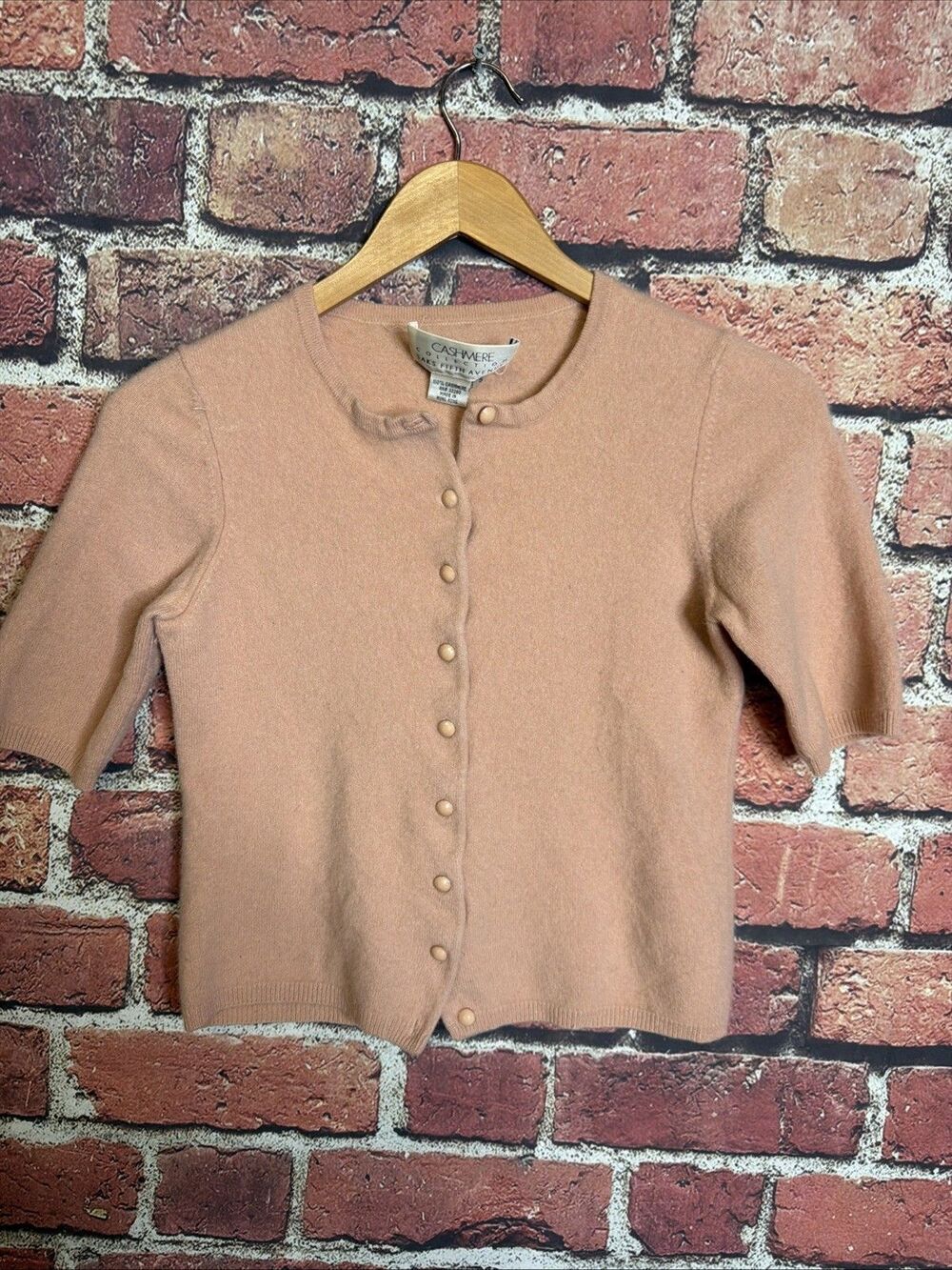 Saks Fifth Avenue Short Sleeve Sweater Women Small Button Pink Cashmere